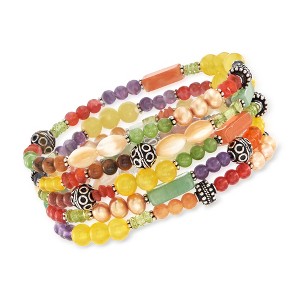 Ross-Simons Set Of 5 Multi-Stone and Sterling Silver Bali Bead Stretch Bracelets Size - 1 of 4