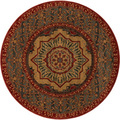 Navy Blue and Rust Red Round Synthetic Area Rug