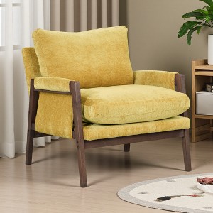 Velvet Mid-Century Accent Armchair with Padded Armrests and Rubberwood Frame - 1 of 4