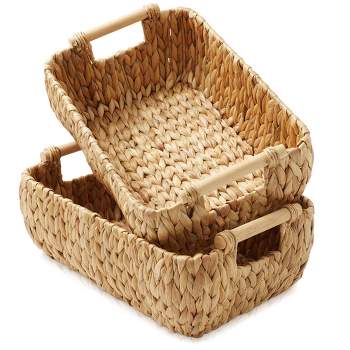 Casafield Water Hyacinth Oval Storage Basket Sets with Wooden Handles, Woven Nesting Bin Organizers