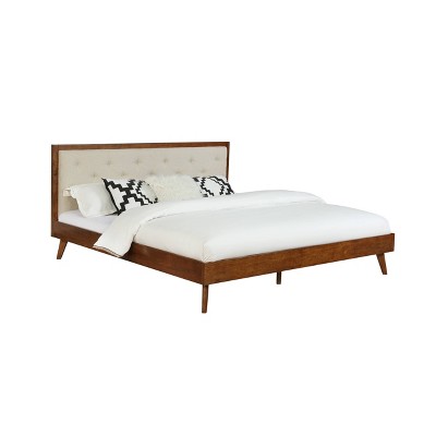 King Reid Mid-Century Tufted Headboard Platform Bed Walnut/Oatmeal - Linon: Upholstered, Polyester, Foam