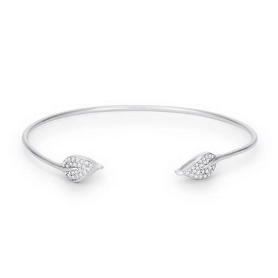 ShineHigh Trendy Rhodium-Plated Cuff Bracelet for Women – 2.5-Inch Open Bangle with Clear Cubic Zirconia Leaf-End Accents, Classic Minimalist Style