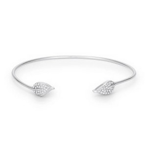 ShineHigh Trendy Rhodium-Plated Cuff Bracelet for Women – 2.5-Inch Open Bangle with Clear Cubic Zirconia Leaf-End Accents, Classic Minimalist Style - 1 of 1