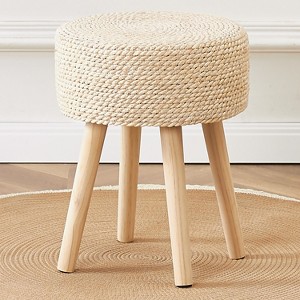 KTMBDW Round Ottoman Footstool Natural Seagrass Foot Stool Pouf Ottomans with Solid Wood Legs Hand Weave Hyacinth Footrest Step Stool for Living Room - 1 of 4