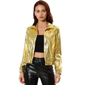 INSPIRE CHIC Women's Holographic Shiny Long Sleeve Metallic Zip Front Track Jacket - 1 of 4