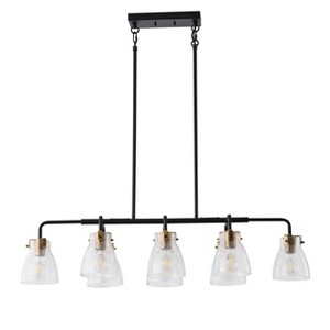 Dewdrop Modern Industrial 8-Light Island Pendant Light, Black and Brass Linear Fixture with Hammered Glass Shades - 1 of 4