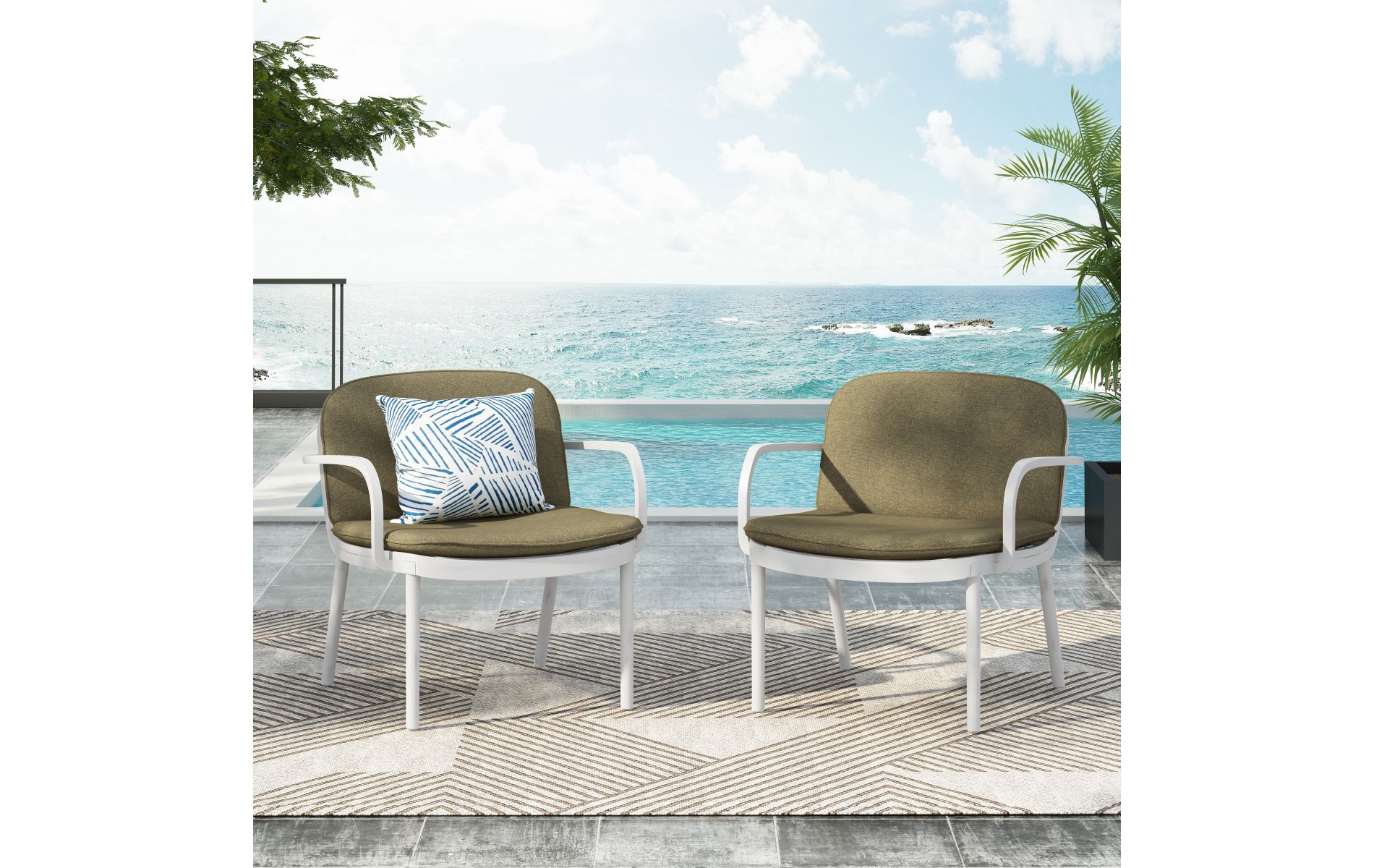 2-Piece Patio Chair Set with Green Cushions & Rust Resistant Polypropylene Frame, Modern Outdoor Lounge Chairs-3irtyhousy
