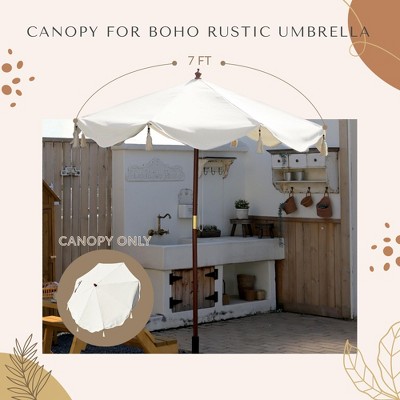 Beige Nylon Boho Fringe Umbrella Replacement Canopy, 7 ft