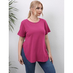 Women's Round Neck Split Hem Short Sleeve T-Shirt Casual Basic Stretchy Cotton Tee Summer Top - 1 of 4