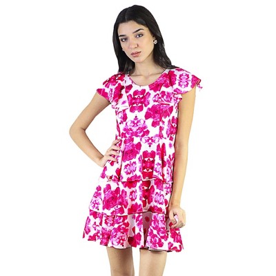 Artyska Women's Round Neck Ruffled Sleeve Printed Tiered Short Dress