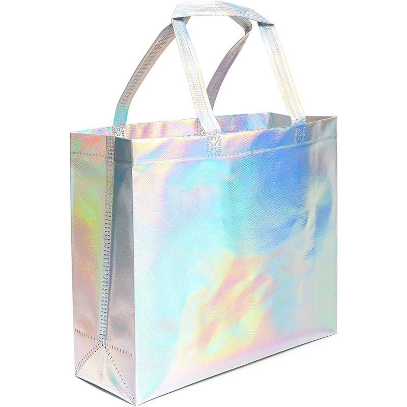 Juvale 24 Pack Holographic Reusable Gift Bag for Birthday, Sustainable Grocery Tote Bags with Handles, 14x12x5 In, 4 of 8