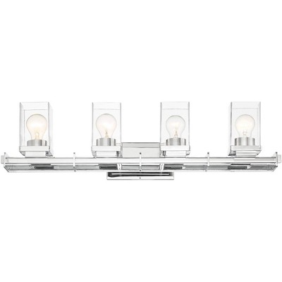 Possini Euro Design Modern Wall Light Chrome Hardwired 32" Wide 4-Light Fixture Squared Clear Glass for Bathroom Vanity Mirror