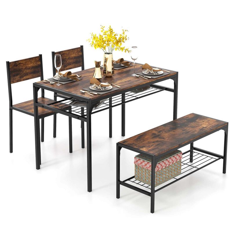 Costway Dining Table Set for 4 Rectangular Table with 2 Chairs, 1 Bench, Storage Racks Rustic Brown/Grey, 1 of 11