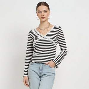 Cherie Code Women’s Black & White Striped Long Sleeve Tee – Lace‑Trim V‑Neck Casual Top - 1 of 4