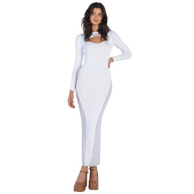 Slickblue White Long Sleeve Maxi Dress - Cutout Bust and Mesh Side Details, Stretch Knit Fabric, Sizes S, M, L