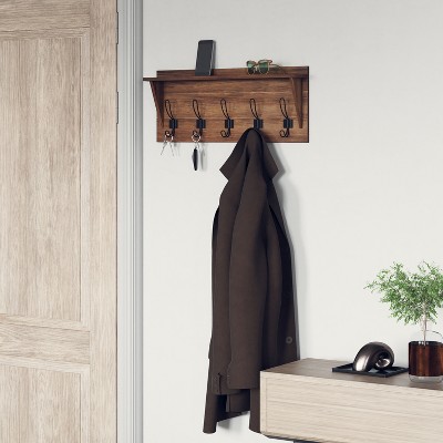 Rustic Brown Solid Wood Wall Mounted Shelf with Hooks