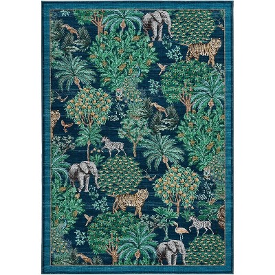 Jungle Print Washable Rug - Non-Slip Low Pile Stain Resistant Carpet for Living Room, Bedroom, Nursery, Playroom