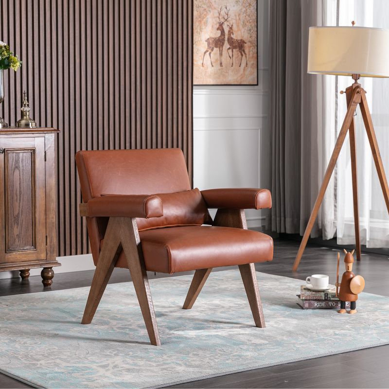 Megan 27.56" Wider Armchair Faux Leather Seat and Lumbar Pillow With Walnut "V" Shape Solid Wood Legs Accent Chair With Arm Pads-The Pop Maison, 2 of 10