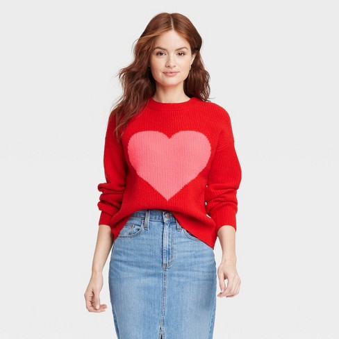 Women's Crewneck Pullover Valentines Day Sweater - A New Day™ Red ...