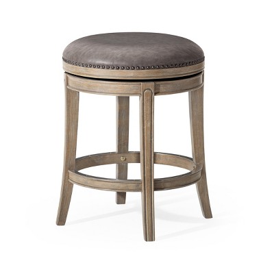 Maven Lane Alexander Swivel Backless Vegan Leather Counter Height Bar Stool, Reclaimed Oak/Ronan Stone