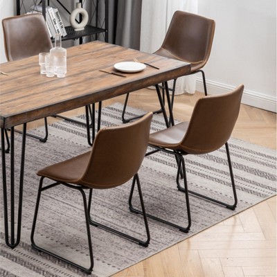 Aryven Industrial 7-Piece Dining Set with Rustic Dark Pine Table and Brown Faux Leather Chairs