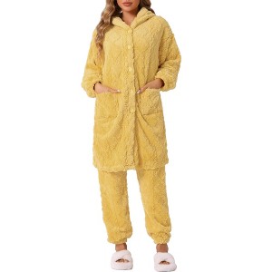 INSPIRE CHIC Women's Flannel Winter Button Up Long Hoodies with Pockets Matching Long Pants Pajama Sets  2 Pcs - 1 of 4