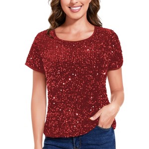 Anna-Kaci Women's Short Sleeve Crew Neck All-Over Sequin Embellished Top Stylish Sparkling Blouse - 1 of 4