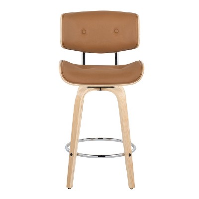 Camel Faux Leather and Natural Wood Swivel Counter Stools