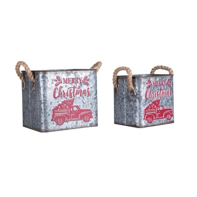 Rustic Gray Metal Christmas Nesting Buckets with Rope Handles