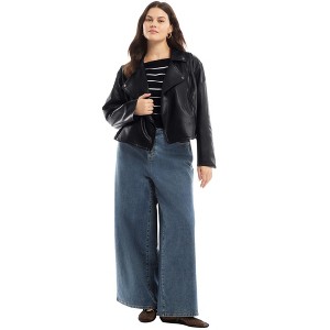 June + Vie by Roaman's Cropped Faux Leather Moto Jacket - 1 of 4