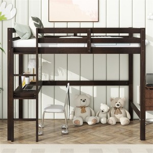 RISOKEYS Twin High Loft Bed - Rubber Wood Loft Bed with Safety Guardrail, Built-in desk & ladder - Espresso - 1 of 4