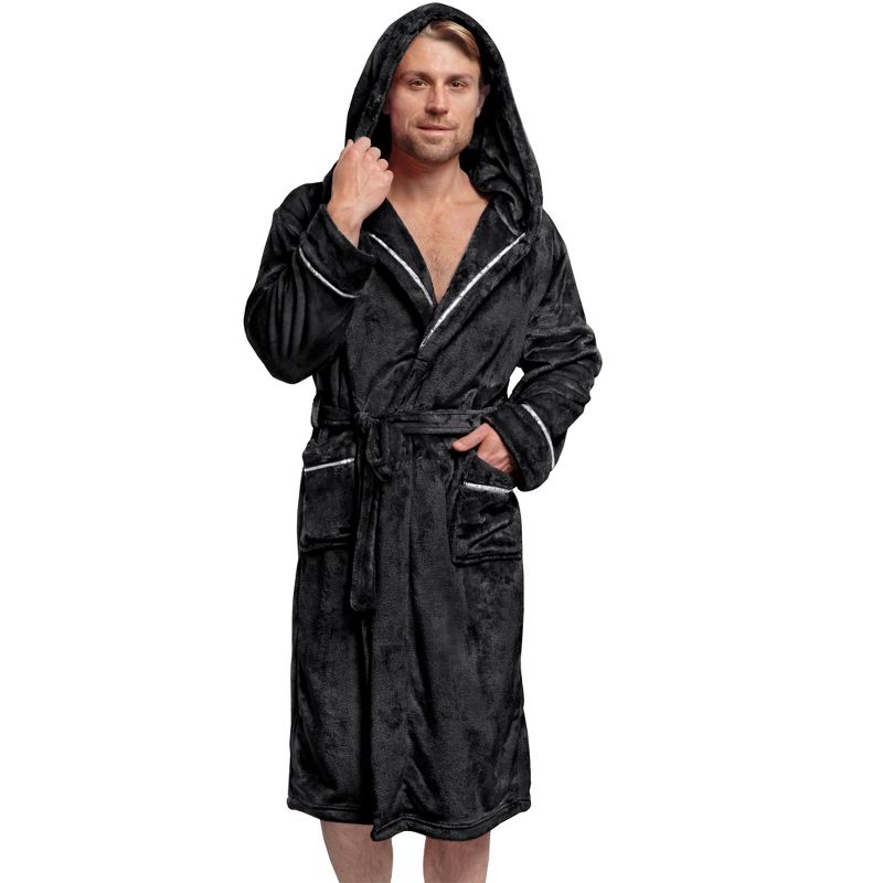 PAVILIA Mens Robe, Hooded Soft Bathrobe for Men, Fleece Plush Warm Shawl Collar Hood Pockets for Bath Shower Spa, 1 of 9