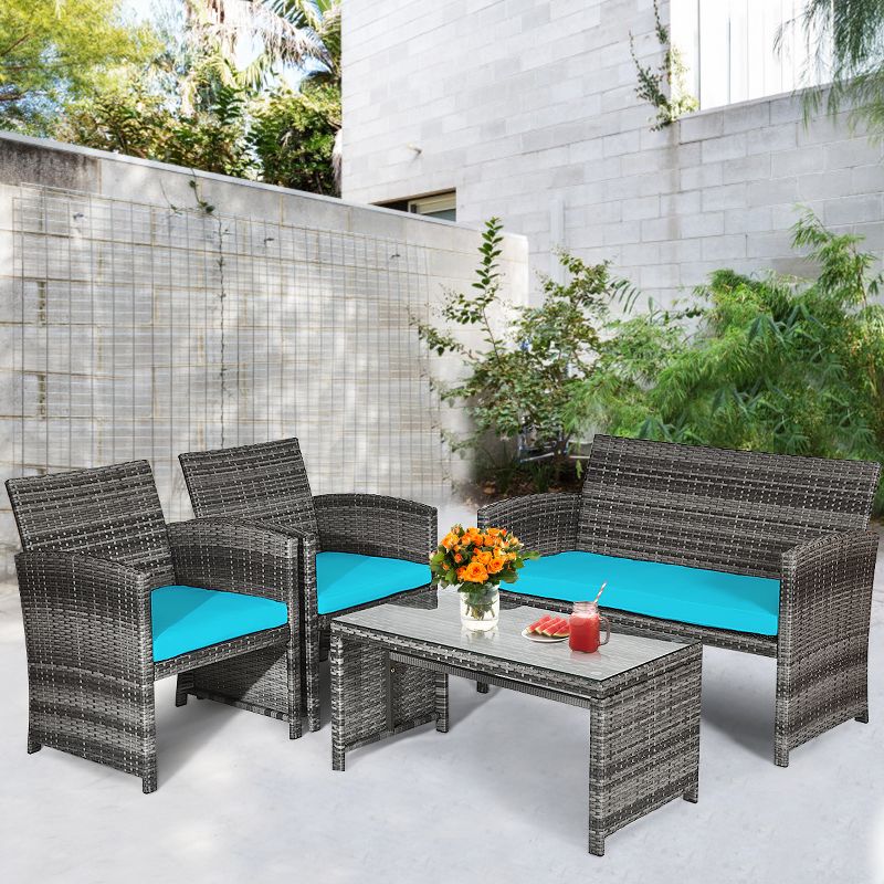 Tangkula 4-Piece Outdoor Patio Furniture Set Rattan Wicker Conversation Sofa Set W/Cushions Turquoise, 3 of 8