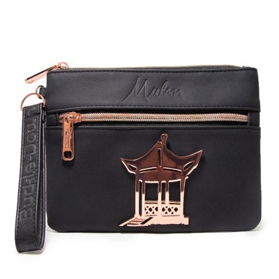 Disney Wallet, Double Pocket Wristlet, Mulan Script Debossed, Castle Emblem Rose Gold, Black, Vegan Leather