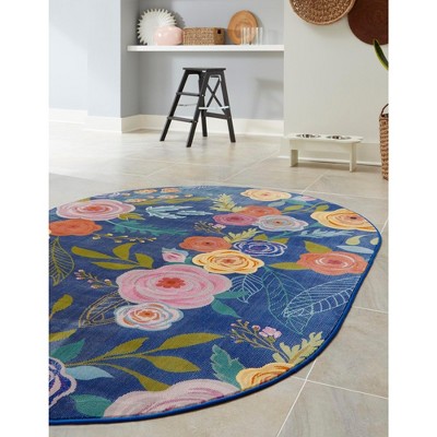 Kids' Oasis 8' x 10' Oval Blue Floral Easy-Care Synthetic Rug