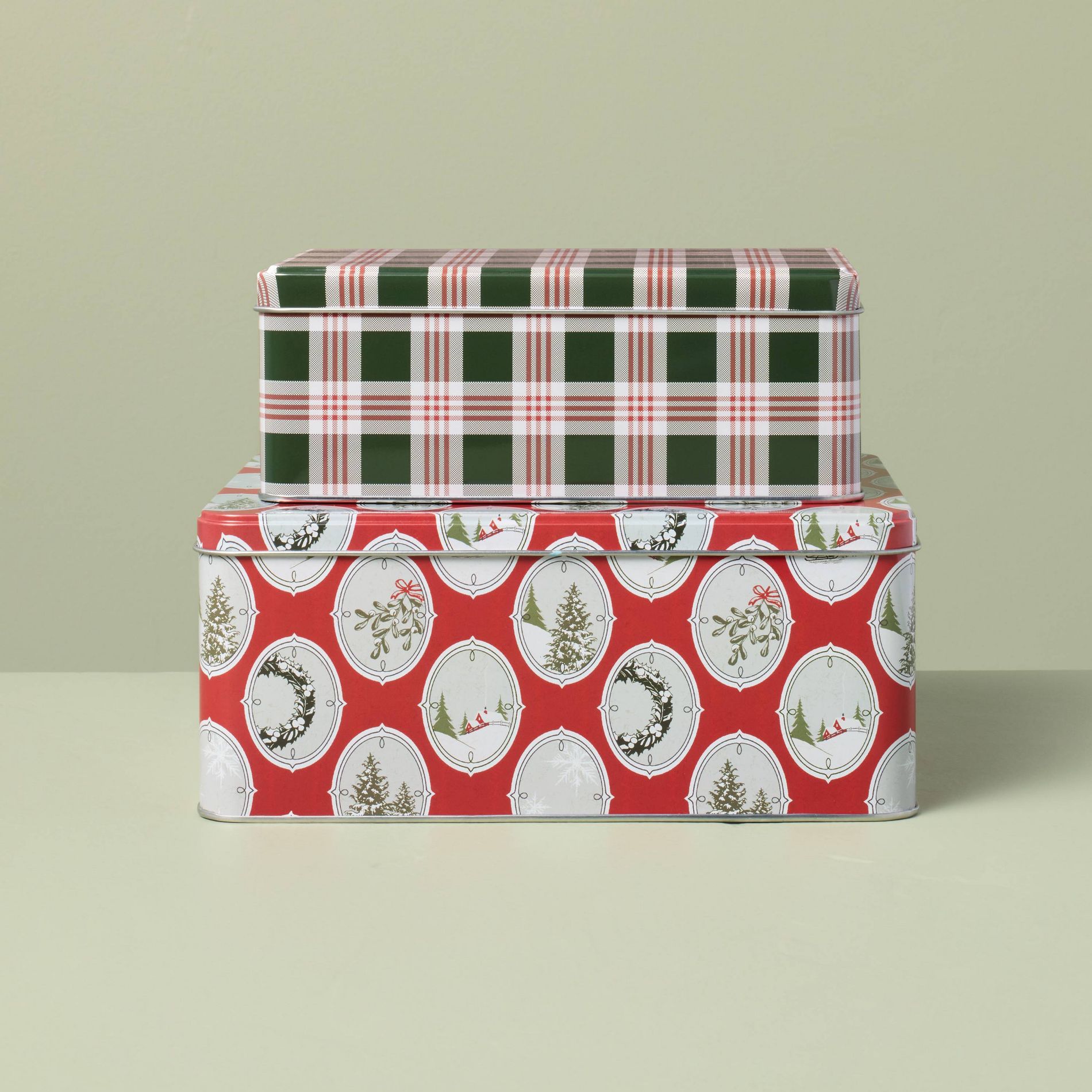 Set of 2 Plaid Christmas Gift Tin Red/Green - Hearth & Hand™ with Magnolia