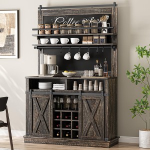 Farmhouse Coffee Bar Cabinet, 75" Tall Kitchen Hutch with Storage Shelves, 2 Sliding Barn Doors, 6 Hooks, Large Sideboard Buffet Cabinet, Brown/White - 1 of 4
