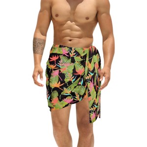 HAPPY BAY Men's Beach Holidays Cover Up Summer Short Sarong Wrap Beachwear Vacation Cover-Up Lava Lava For Men One Size Black, Leaves - 1 of 4