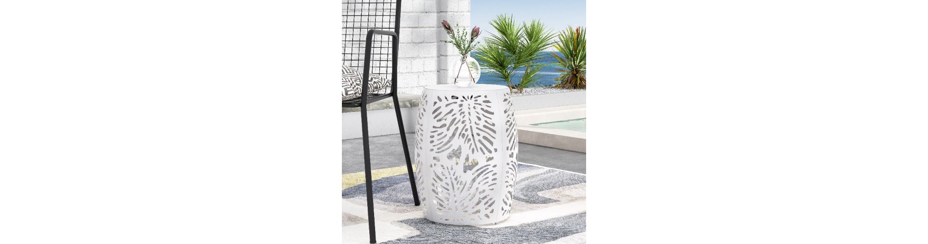 Lyngins Iron-cut Outdoor Side Table with Tropical Palm Leaf Pattern, Modern Barrel-Shaped Patio End Table, White Outdoor End Table