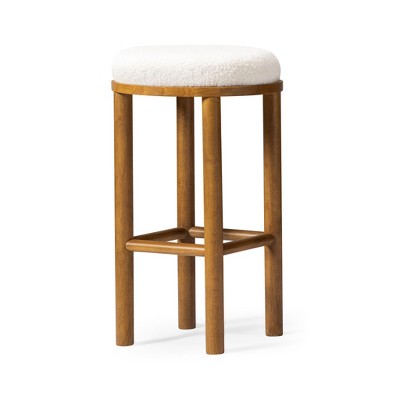 HomeRoots 31" White and Natural Boucle and Solid Wood Backless Bar Height Bar Chair