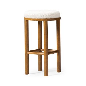 HomeRoots 31" White and Natural Boucle and Solid Wood Backless Bar Height Bar Chair - 1 of 4
