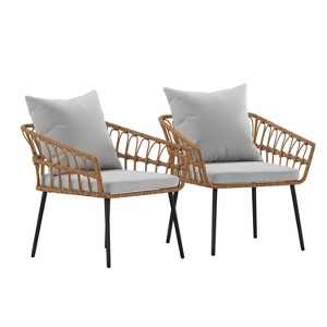 Emma and Oliver Indoor/Outdoor Bohemian Natural Rattan Rope Patio Chairs with Open Weave Design and Removable Plush Cushions - 1 of 4