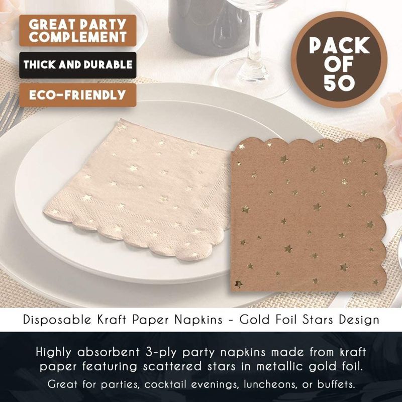 Juvale 50-Pack Scalloped Gold Stars Disposable Kraft Paper Napkins Party Supplies, 4 of 8
