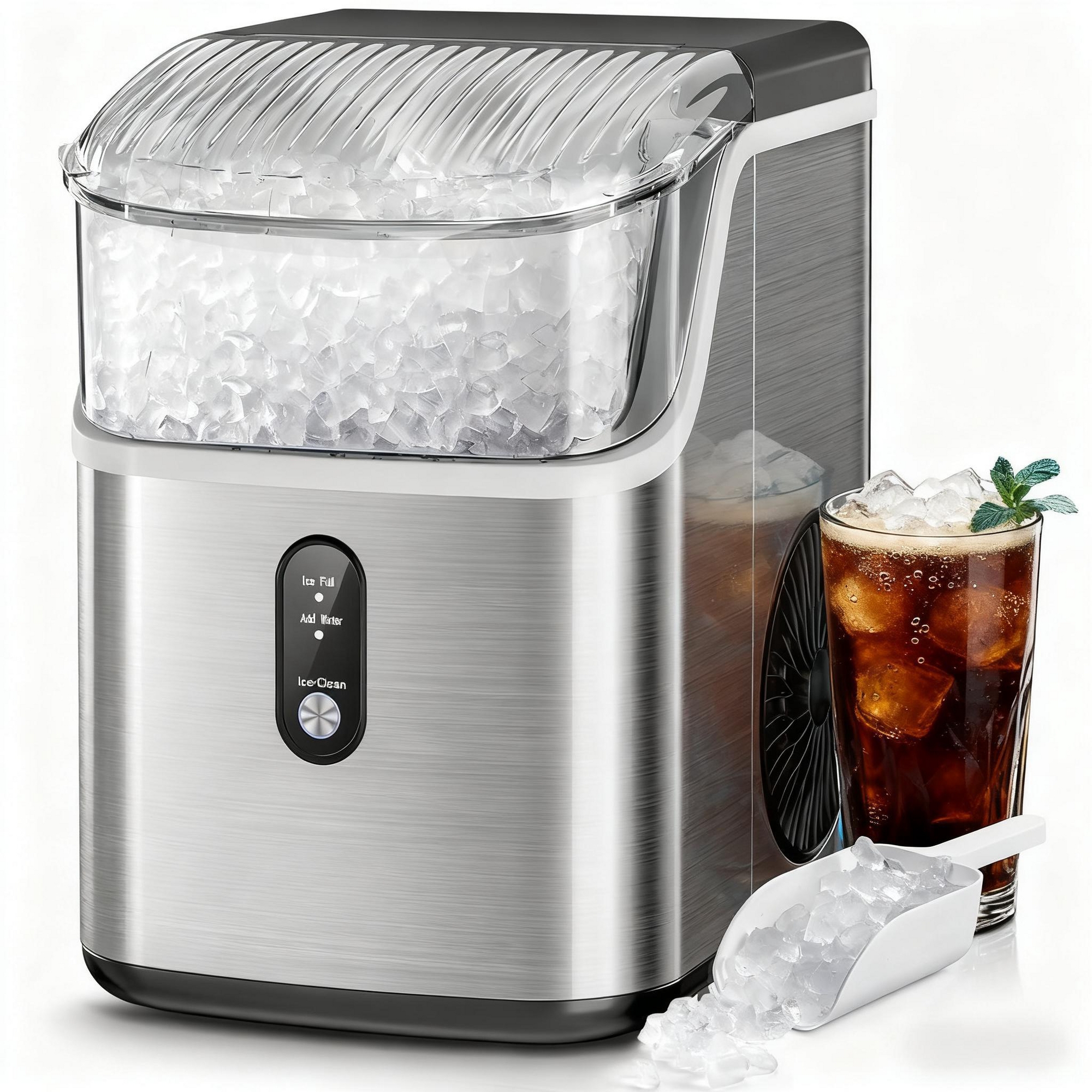 Kismile Nugget Ice Maker 35Lbs/24H, Stainless Steel Portable Sonic Ice Maker with Crushed Ice, Self Cleaning, One-Click Operation, Silver