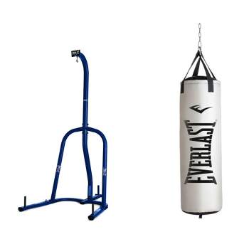 Everlast Single Station Powder Coated Steel 100 Pound Punching Bag Stand and Fitness Workout 60 Pound Heavy Boxing Punching Bag, Platinum