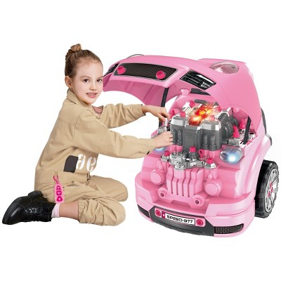 INFURNIC Nature Exploration Toys Kids Mechanic Truck Engine Toy Set Car Service Play Workshop with Tools, Pink, 15.75"*15.25"*18.5"