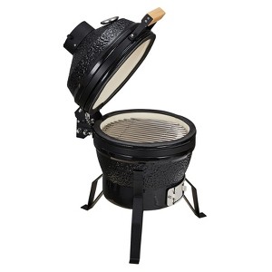 Charcoal Grill & Smoker, 13'' Portable Ceramic Grill with 10.6'' Stainless Steel Grate – Cast Iron Parts Heat Deflector Ash Tool - 1 of 4
