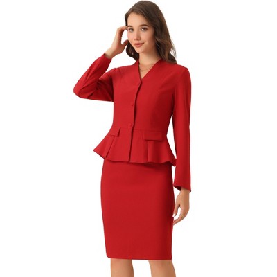 INSPIRE CHIC Women's Long Sleeve Collarless Peplum Blazer and Pencil Skirts Suit Set 2 Pcs