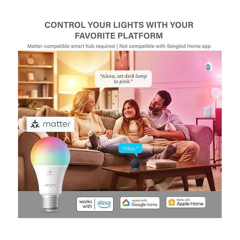 Sengled 800 Lumens Multicolor LED Smart Light Bulb Matter Enabled Instant Pairing Compatible With Alexa - 60W, 2 of 6