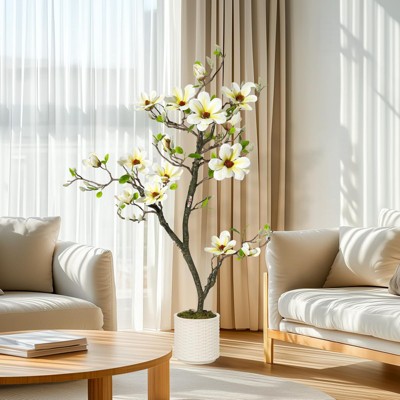 4FT Artificial Magnolia Tree with Realistic White Flowers & Lush Green Leaves